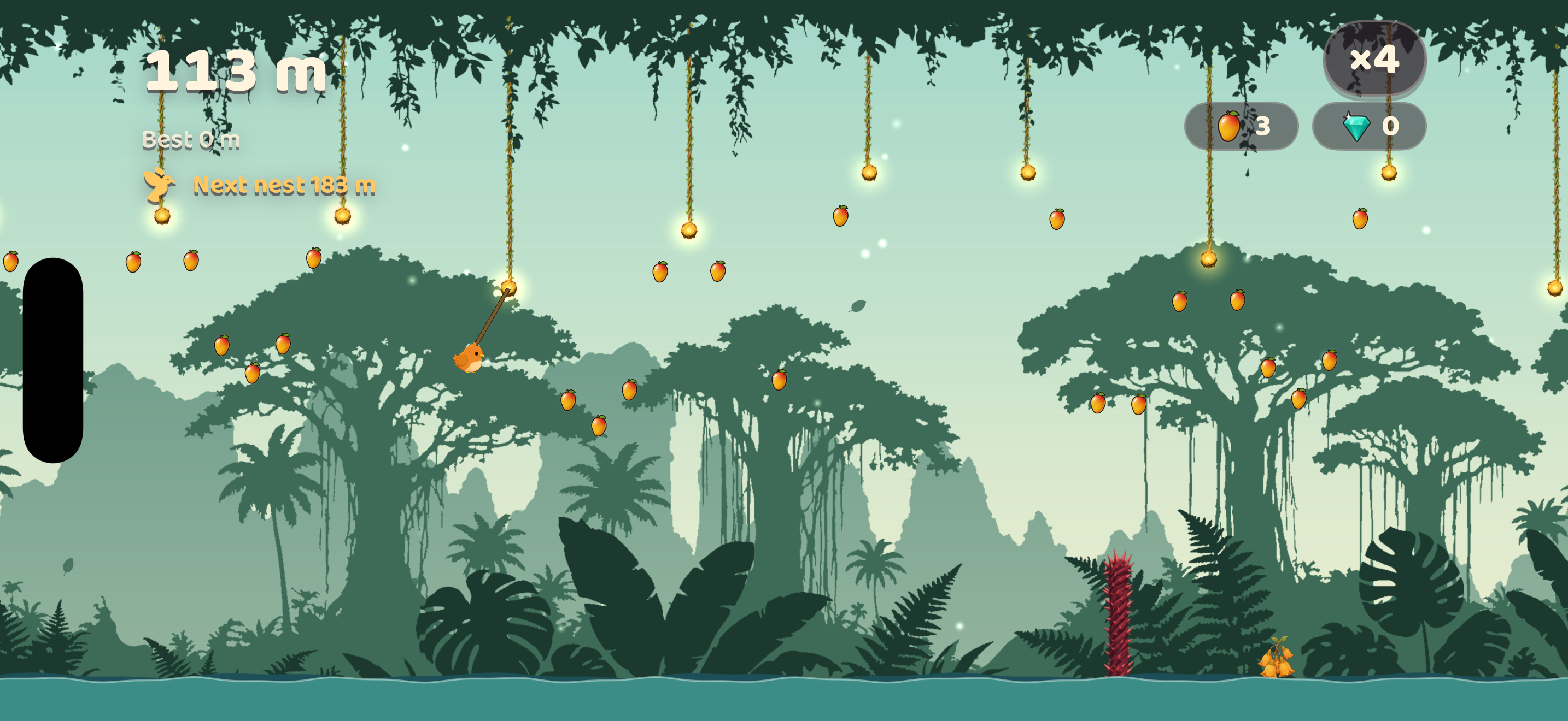 A bird swings between vines in the green jungle.